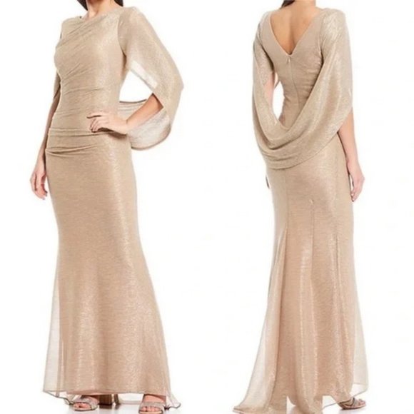 Betsy & Adam Rose Gold Silver Drape Back Cape Sleeve Ruched Mermaid Gown - Picture 1 of 2